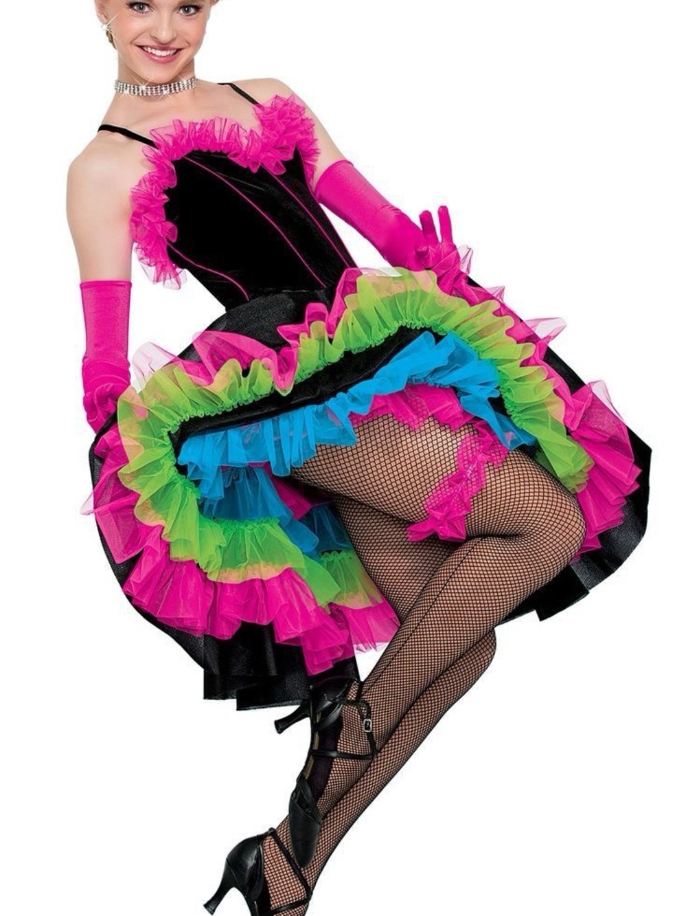Can-Can Dance Costume - Black with Neon Pink, Green & Blue Ruffles